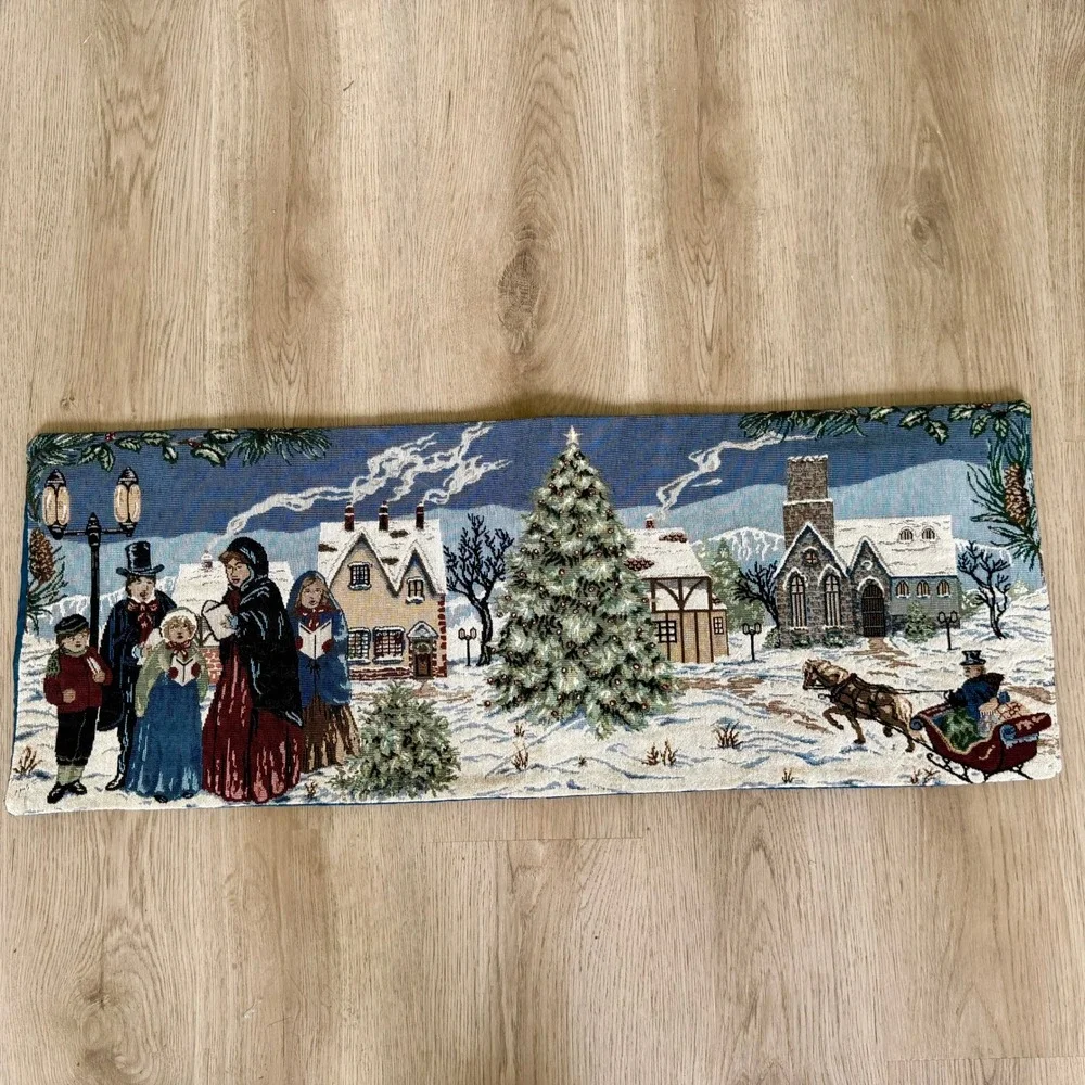 Vintage Christmas‎ Tapestry Table Runner Victorian Village Sleigh Carolers Blue